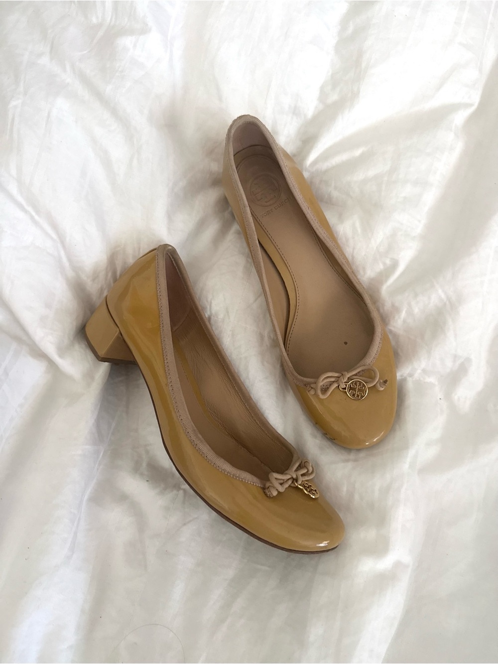 Tory Burch Patent Leather Block Heel Ballet Pump in Mustard